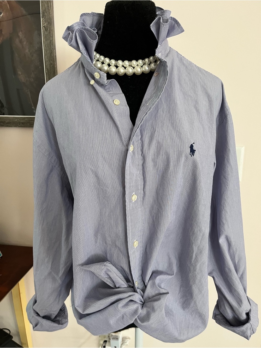 Upcycled Ralph Lauren Periwinkle Pinstripe Casual Button-Down Ruffle Collar